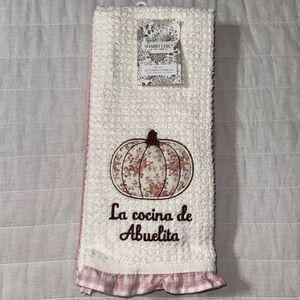 SHABBY CHIC White Pink Gingham Ivory Multi Quilted Pumpkin Ruffle Tea Towel Set